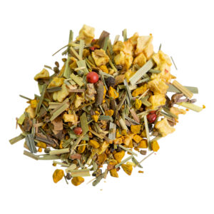Loose leaf herbal tea made with turmeric, lemongrass, cinnamon, cardamom, black peppercorn and pink peppercorn, and dried apple