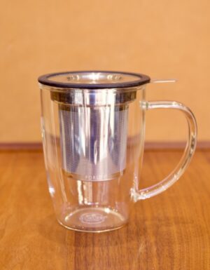 Glass borosilicate mug with stainless steel mesh strainer by ForLife