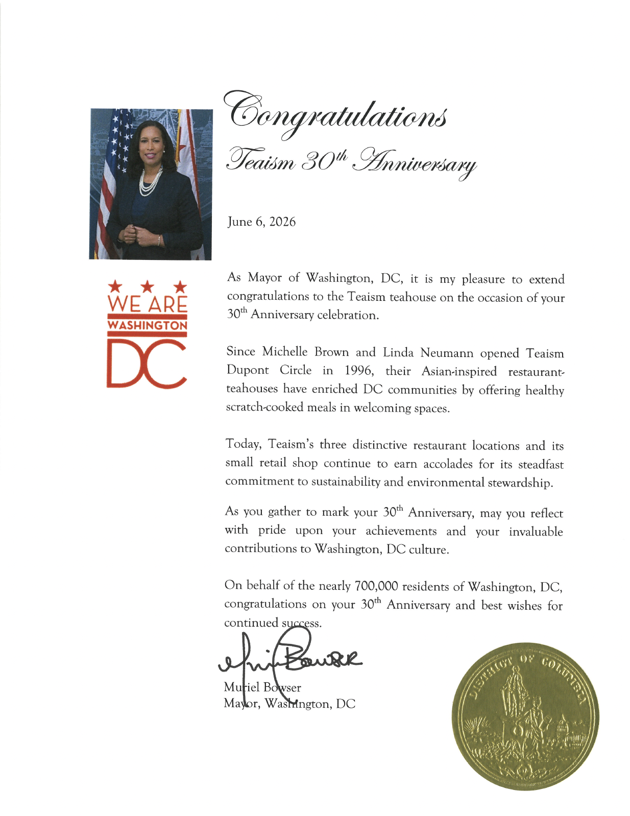 Recognition from the Mayor of Washington, DC